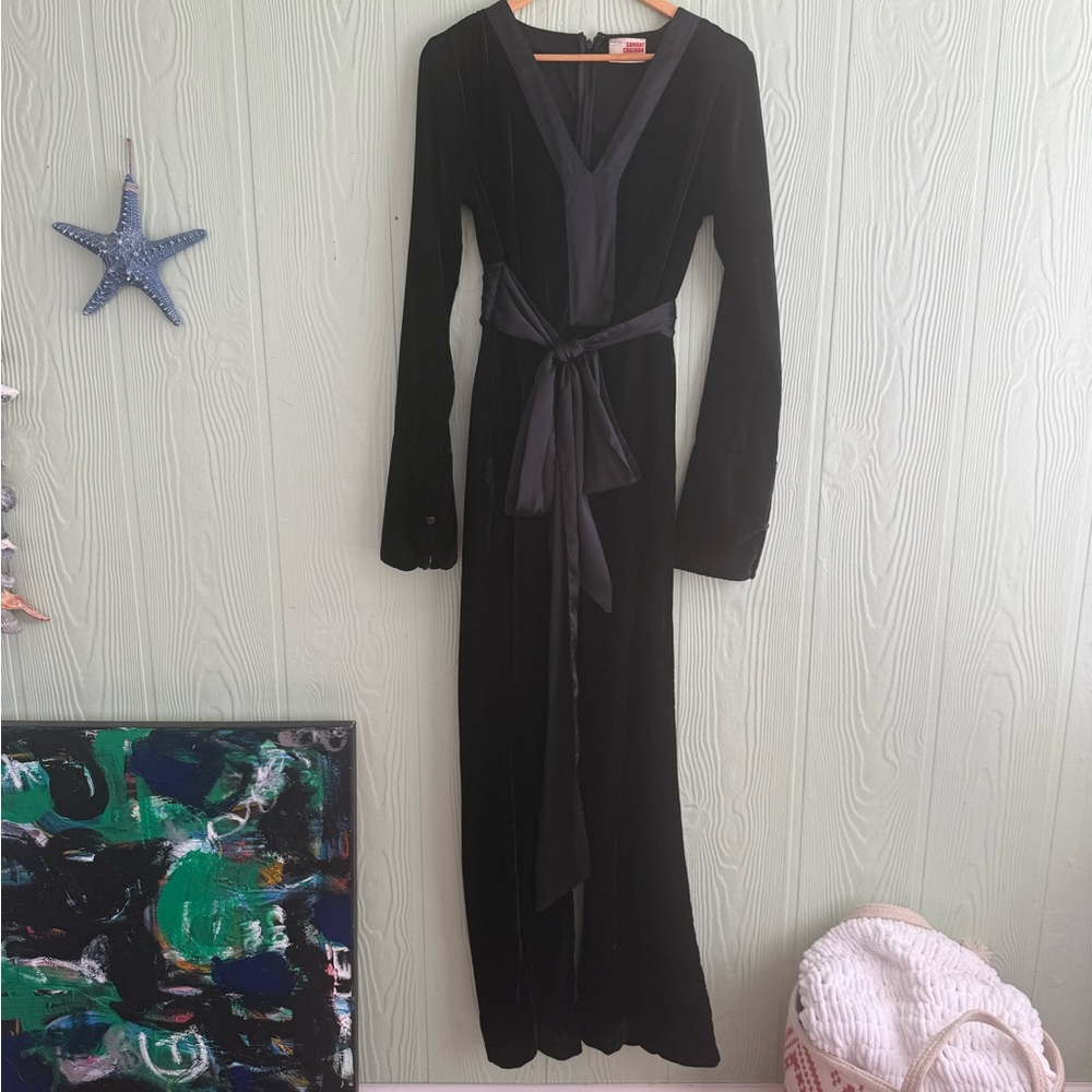 Black Velvet Jumpsuit with Sash, XL, GUC.